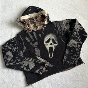 Ghost Face Scream Tapestry Pullover Crop Hoodie Fringe Halloween Horror Grunge